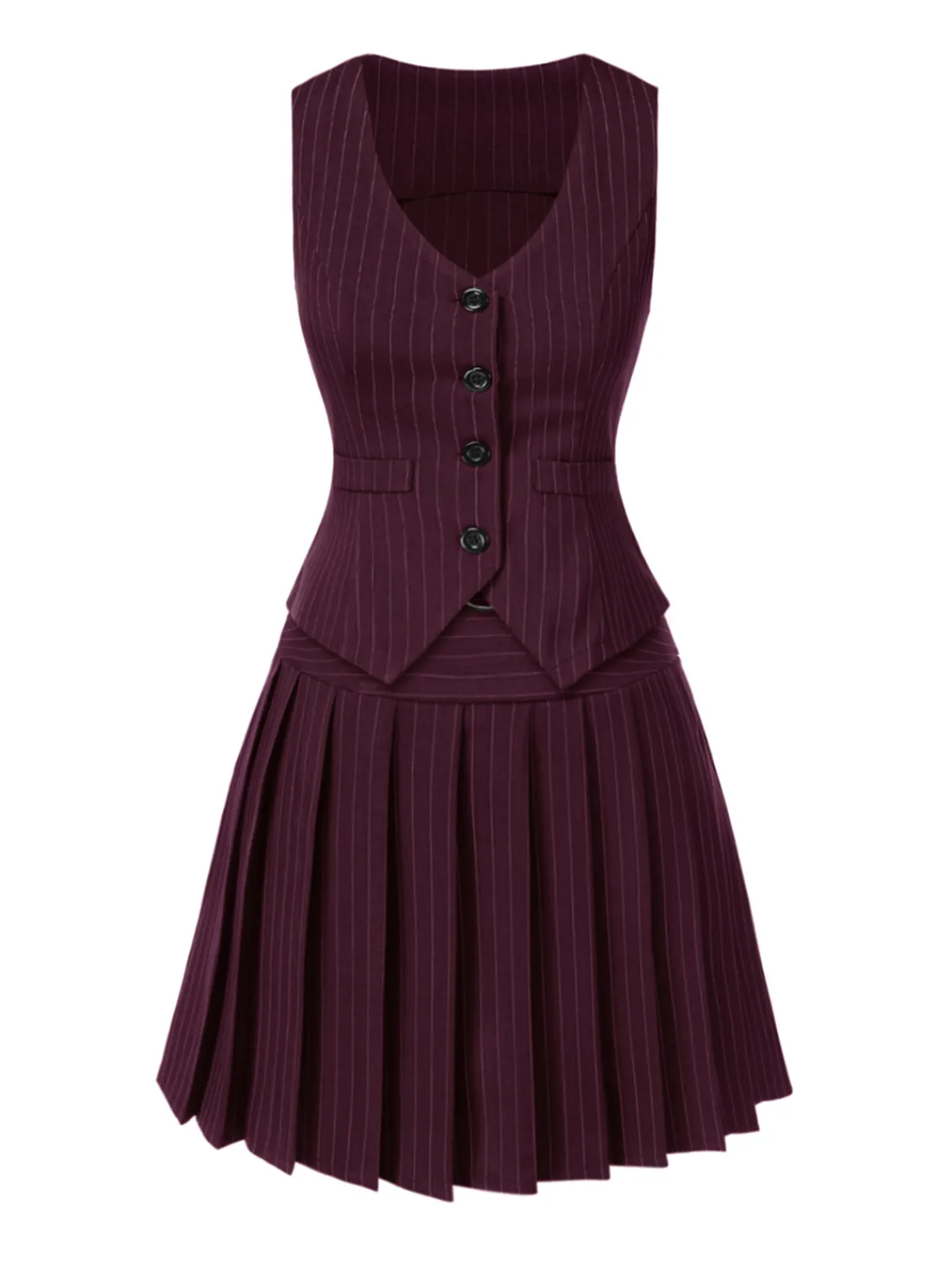 Best Retro Stage 2PCS Dark Gray 1960s Pinstripes Top & Pleated Skirt