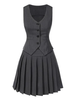 Best Retro Stage 2PCS Dark Gray 1960s Pinstripes Top & Pleated Skirt