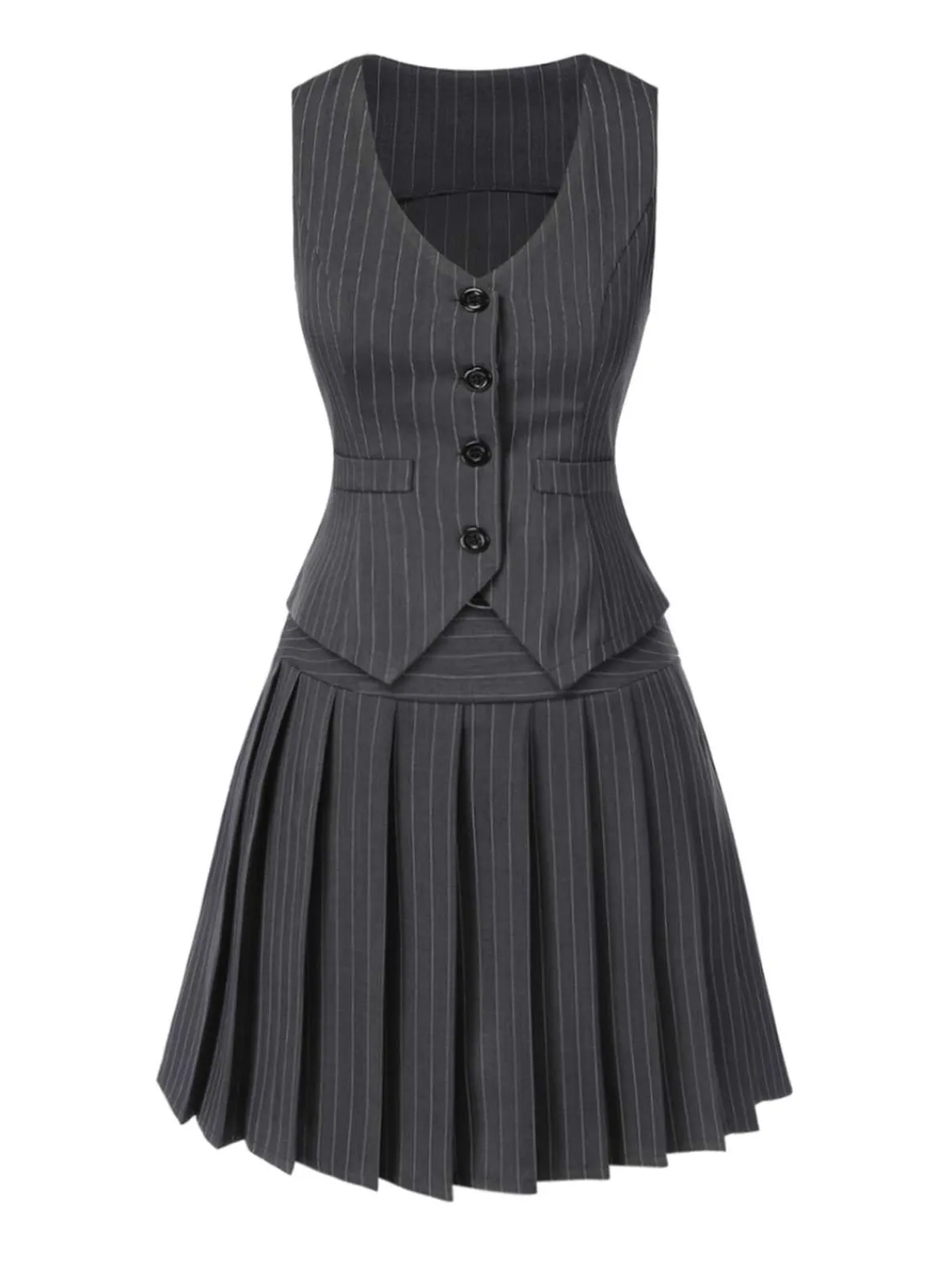 Best Retro Stage 2PCS Dark Gray 1960s Pinstripes Top & Pleated Skirt