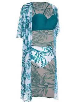 Sale Retro Stage 3PCS Green 1950s Ceramics Plant Prints Swimsuit & Cover-Up Ceramic Green