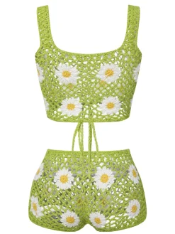 Sale Retro Stage 2PCS Green 1980s Daisy Knitted Top & Pants