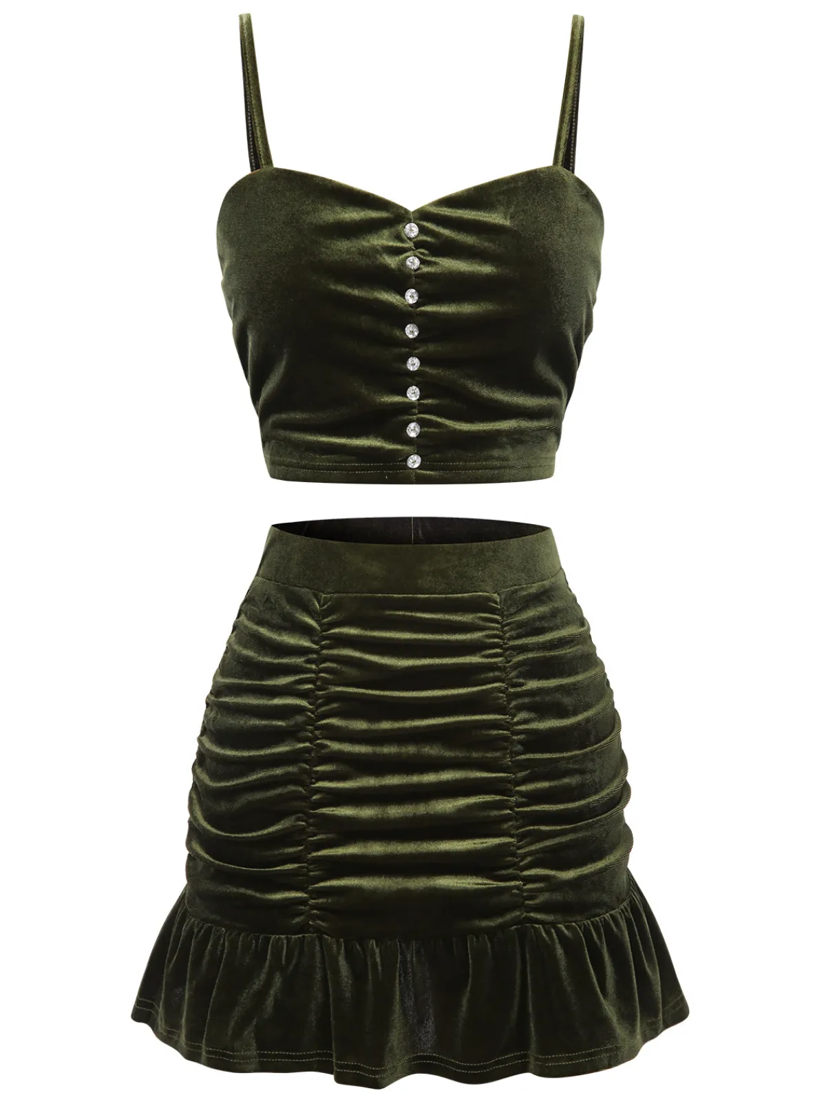 Best Retro Stage 2PCS 1960s Flannelette Ruffles Top&Skirt Green