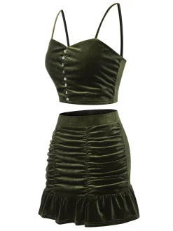 Best Retro Stage 2PCS 1960s Flannelette Ruffles Top&Skirt Green