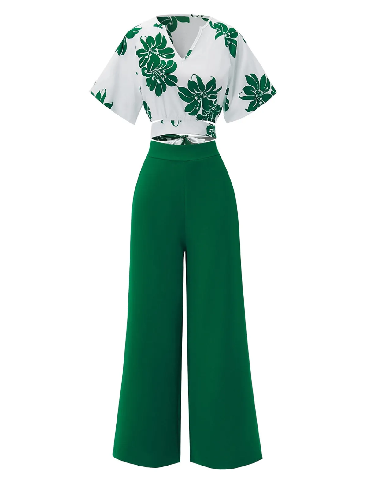 Sale Retro Stage 2PCS 1950s Floral Crop Top & High Waist Pants Green