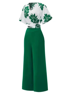 Sale Retro Stage 2PCS 1950s Floral Crop Top & High Waist Pants Green