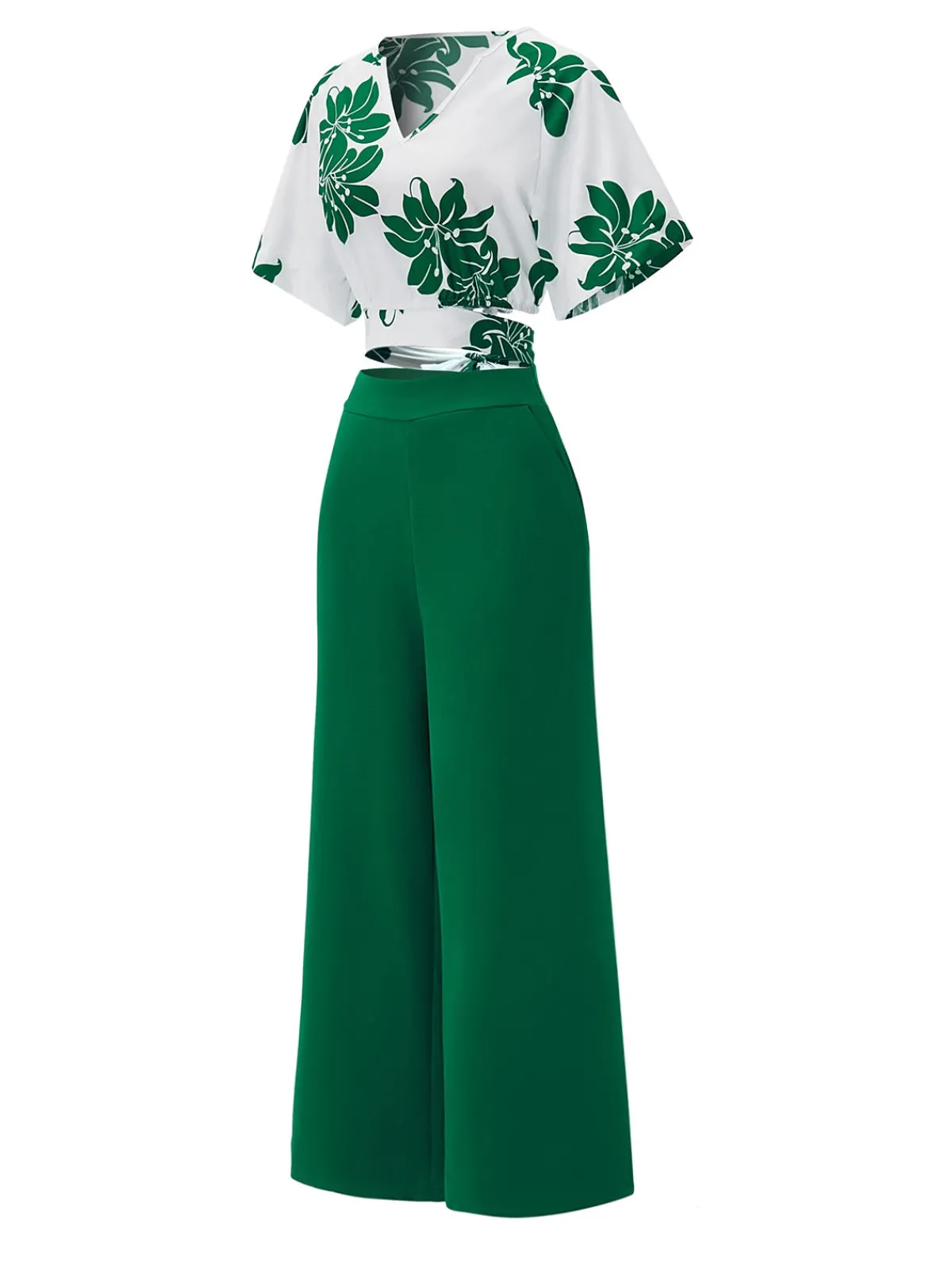 Sale Retro Stage 2PCS 1950s Floral Crop Top & High Waist Pants Green
