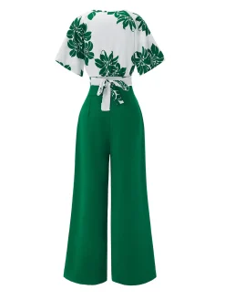 Sale Retro Stage 2PCS 1950s Floral Crop Top & High Waist Pants Green