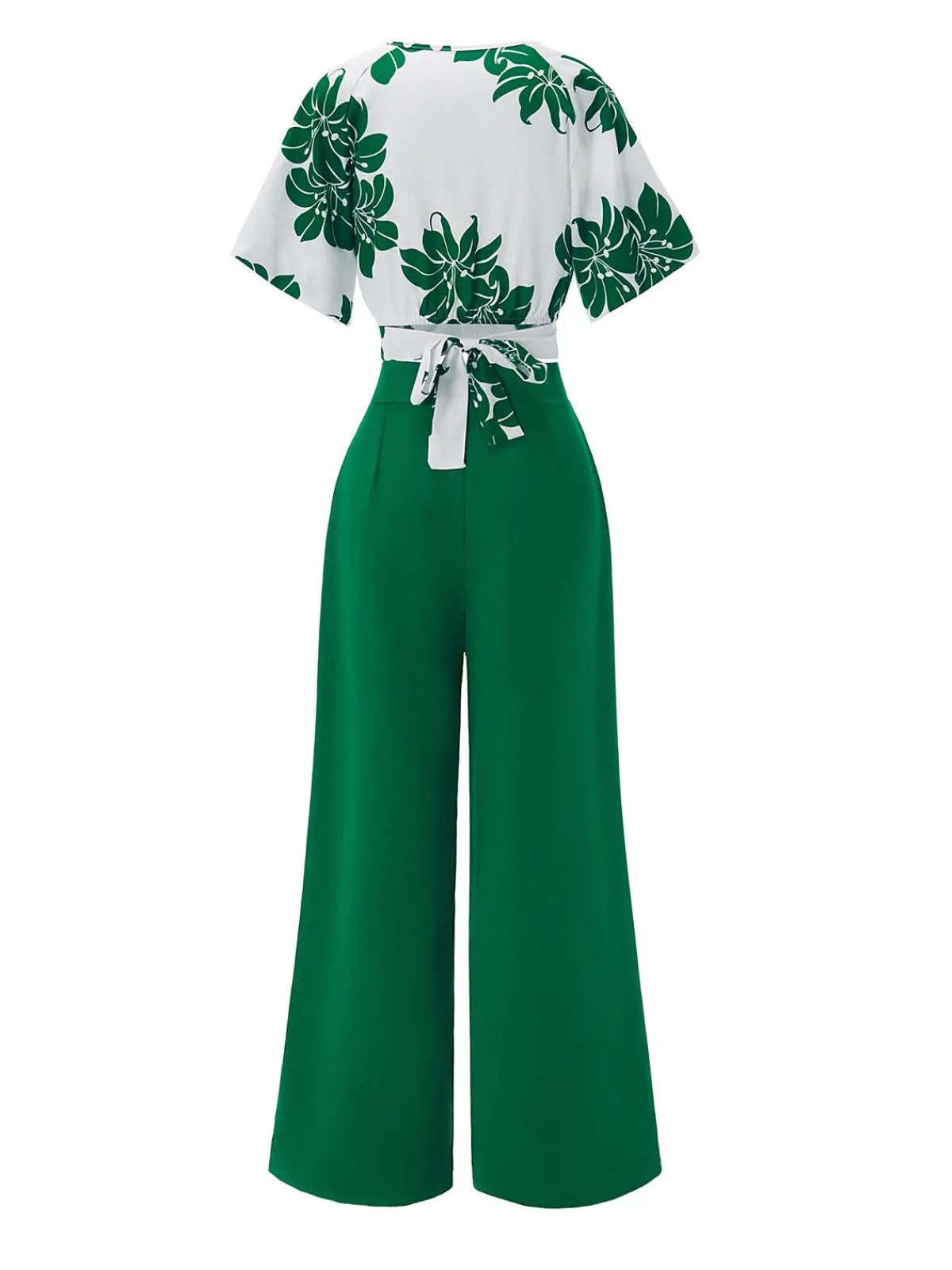 Sale Retro Stage 2PCS 1950s Floral Crop Top & High Waist Pants Green