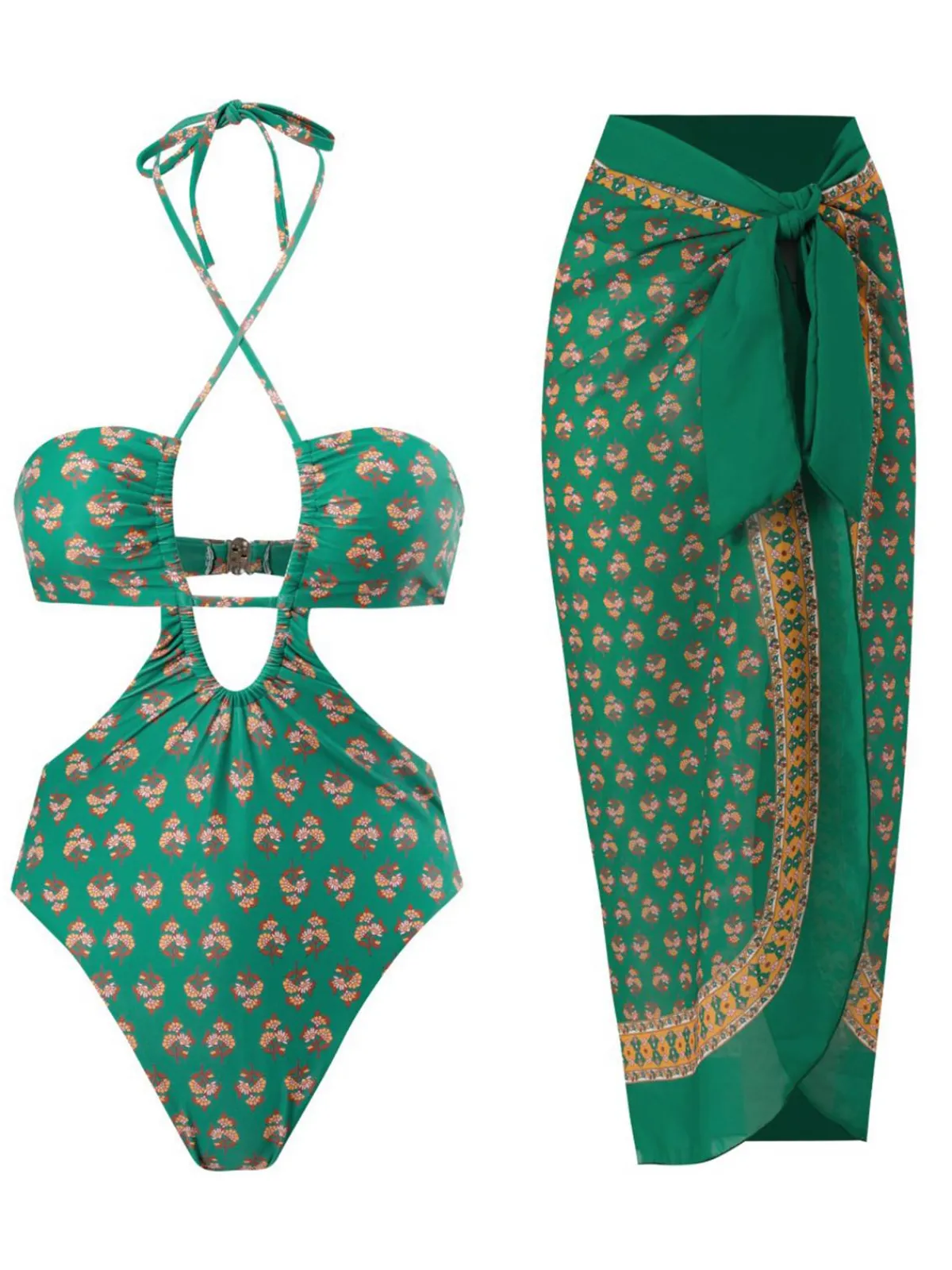 Discount Retro Stage 2PCS 1940s Flowers One-Piece Swimsuit & Cover-Up Green