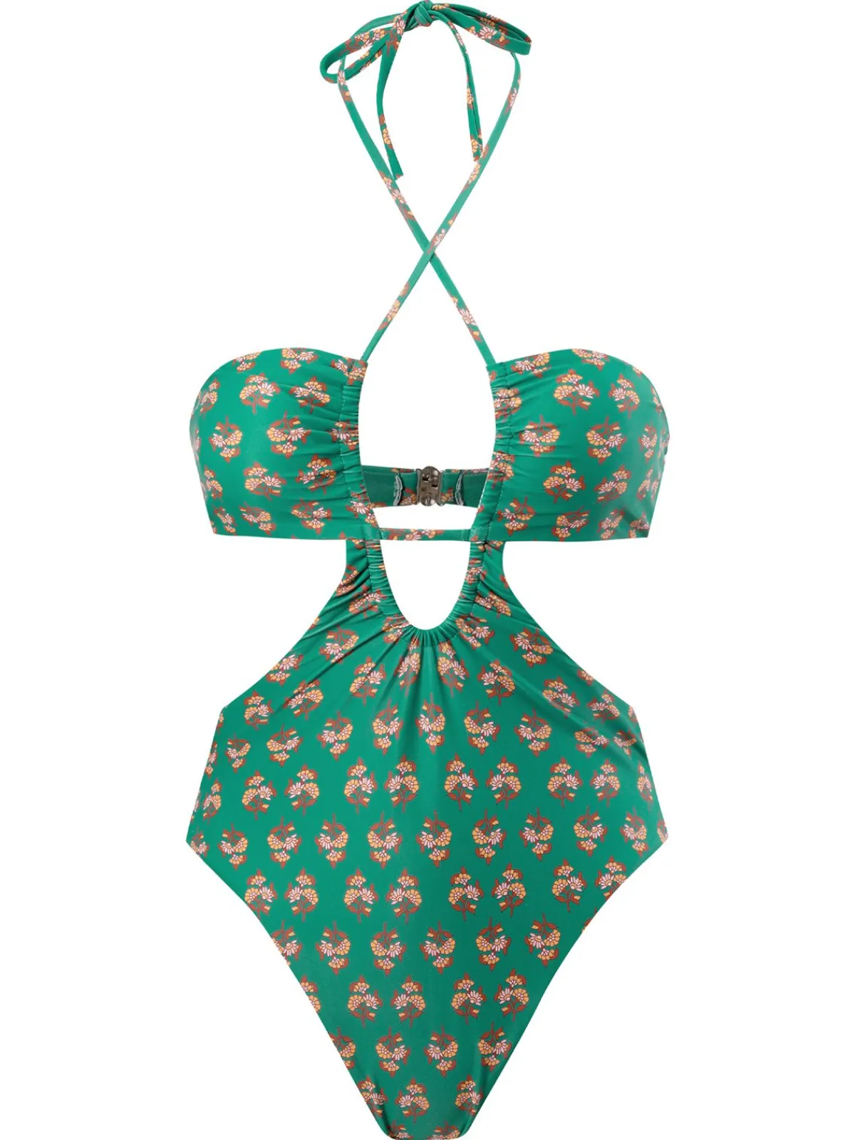 Discount Retro Stage 2PCS 1940s Flowers One-Piece Swimsuit & Cover-Up Green