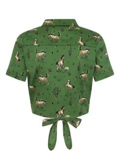 Hot Retro Stage 2PCS 1970s Horse Blouse Top & Skirt Green