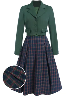 Best Retro Stage 2PCS Green 1940s Lapel Button Blazer & Plaids Dress Dark Green
