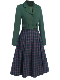 Best Retro Stage 2PCS Green 1940s Lapel Button Blazer & Plaids Dress Dark Green