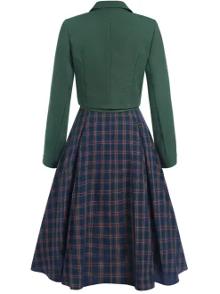 Best Retro Stage 2PCS Green 1940s Lapel Button Blazer & Plaids Dress Dark Green