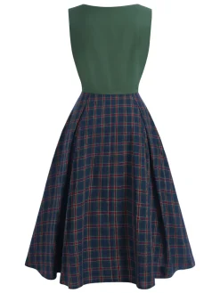 Best Retro Stage 2PCS Green 1940s Lapel Button Blazer & Plaids Dress Dark Green