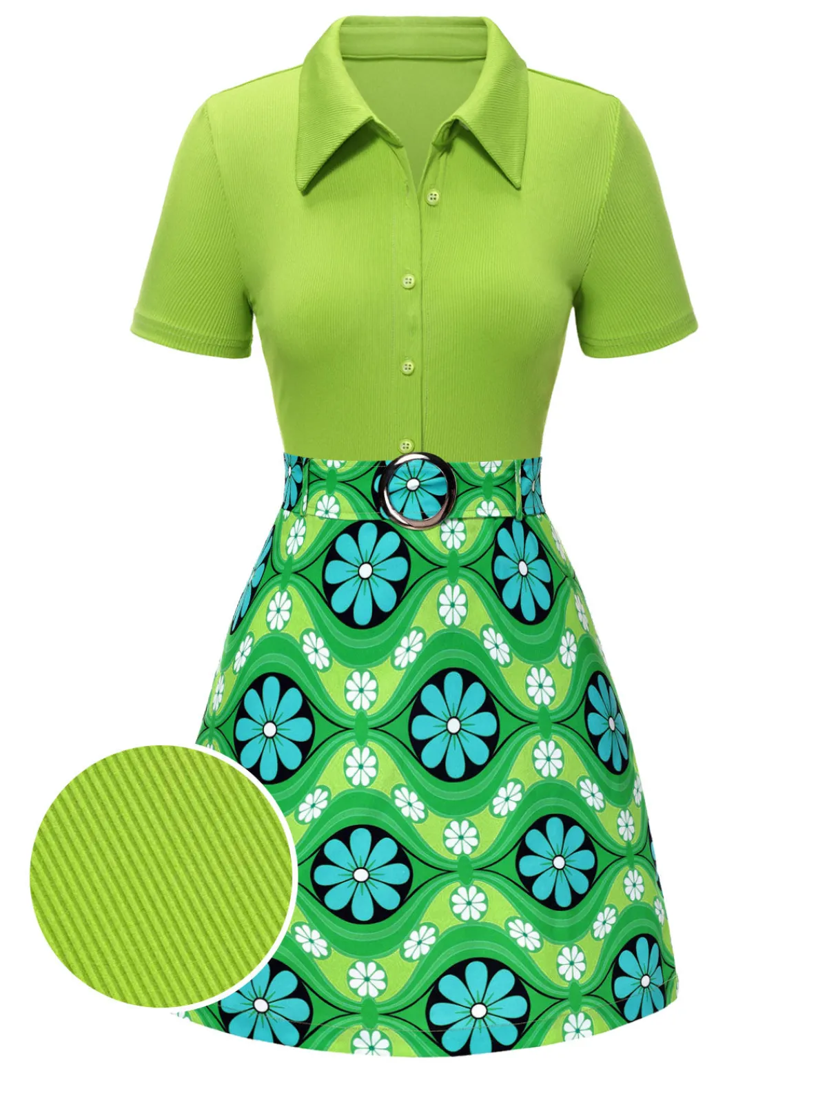 Sale Retro Stage 2PCS 1960s Lapel Knitted Blouse & Floral Skirt Green