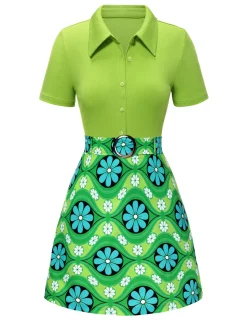 Sale Retro Stage 2PCS 1960s Lapel Knitted Blouse & Floral Skirt Green