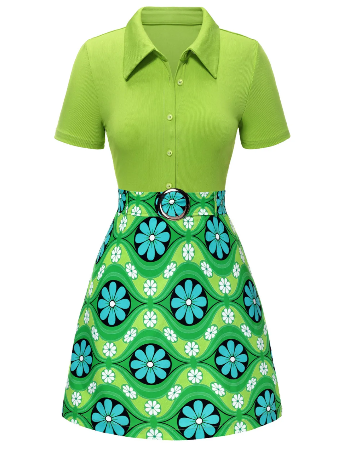 Sale Retro Stage 2PCS 1960s Lapel Knitted Blouse & Floral Skirt Green