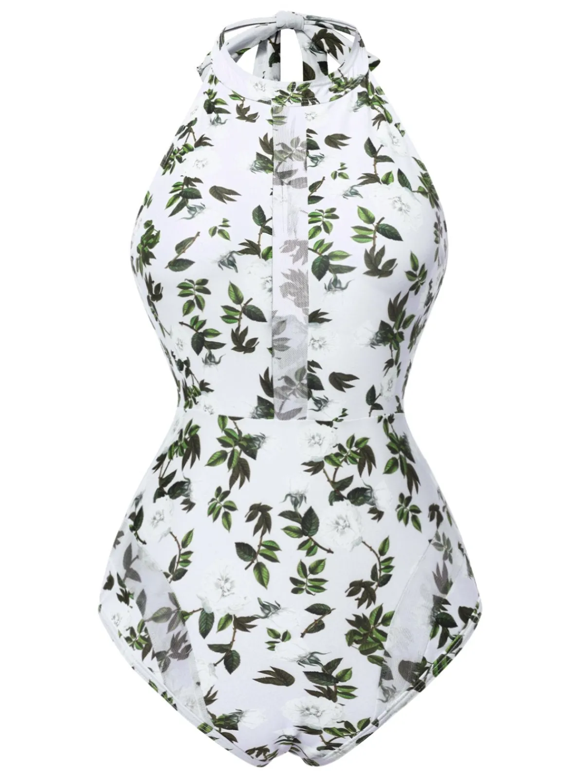 Hot Retro Stage 2PCS 1930s Leaf Print Halter One-Piece Swimsuit & Cover Up Green