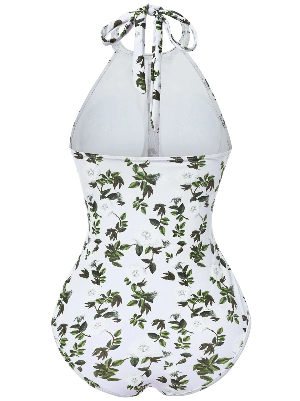 Hot Retro Stage 2PCS 1930s Leaf Print Halter One-Piece Swimsuit & Cover Up Green