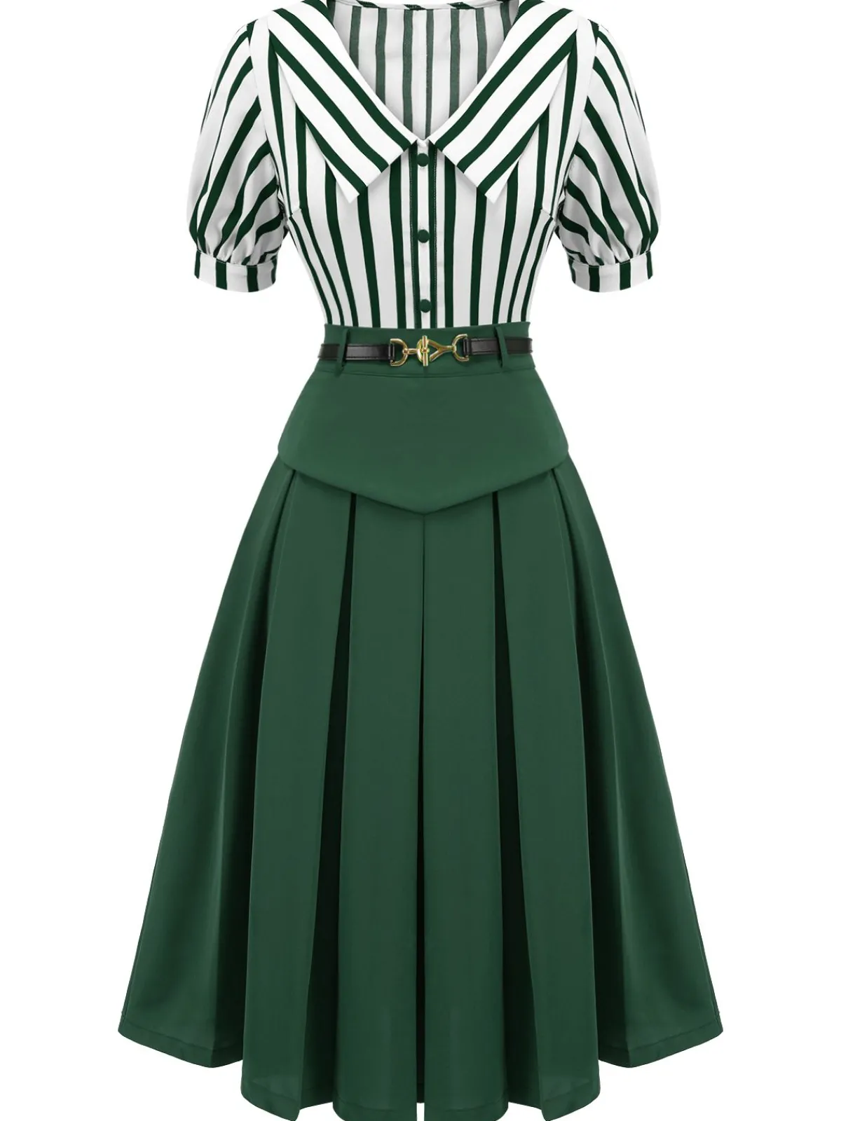Outlet Retro Stage 2PCS Green 1950s Striped Blouse & Pleated Skirt