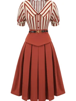 Outlet Retro Stage 2PCS Green 1950s Striped Blouse & Pleated Skirt