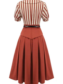 Outlet Retro Stage 2PCS Green 1950s Striped Blouse & Pleated Skirt