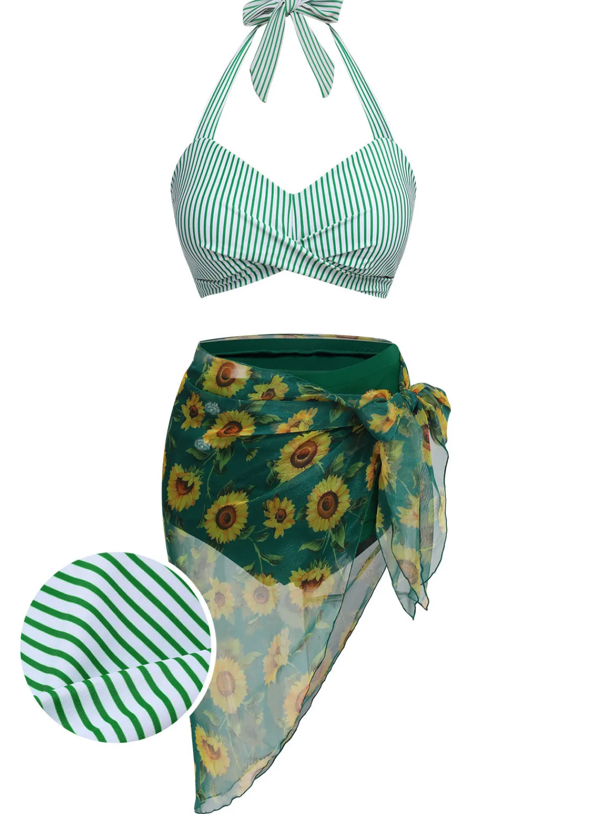 Fashion Retro Stage 2PCS 1940s Stripes Swimsuit & Sunflower Cover-Up Green