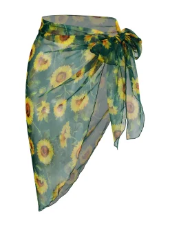 Fashion Retro Stage 2PCS 1940s Stripes Swimsuit & Sunflower Cover-Up Green