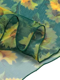 Fashion Retro Stage 2PCS 1940s Stripes Swimsuit & Sunflower Cover-Up Green