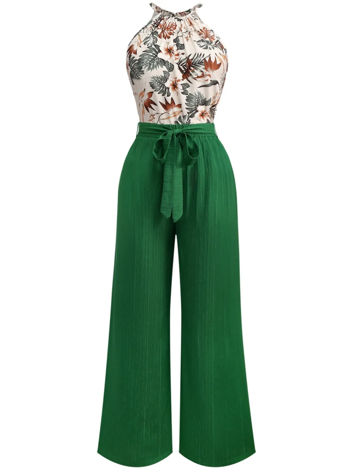 Clearance Retro Stage 2PCS 1950s Tropical Plants Halter Top & Textured Pants Green