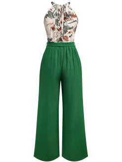 Clearance Retro Stage 2PCS 1950s Tropical Plants Halter Top & Textured Pants Green