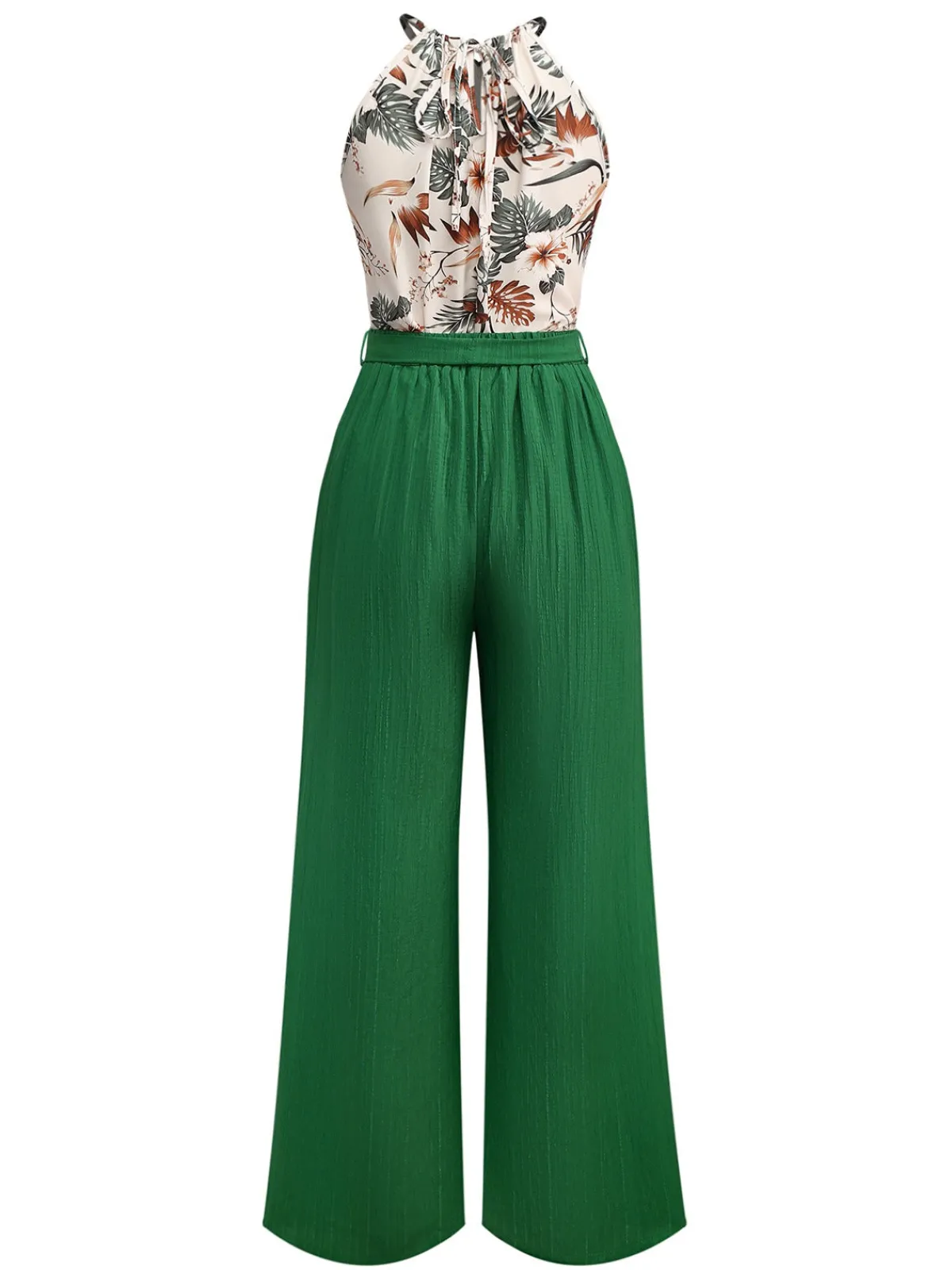 Clearance Retro Stage 2PCS 1950s Tropical Plants Halter Top & Textured Pants Green