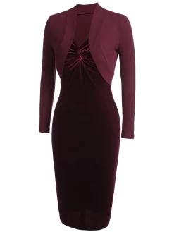 New Retro Stage 2PCS Green 1960s Velvet Bodycon Dress