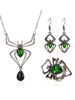 Online Retro Stage 3PCS Green Spider Necklace & Earrings & Ring Set