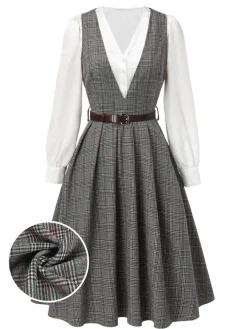 Online Retro Stage 2PCS 1940s V-Neck Plaid Dress & Satin Blouse Grey