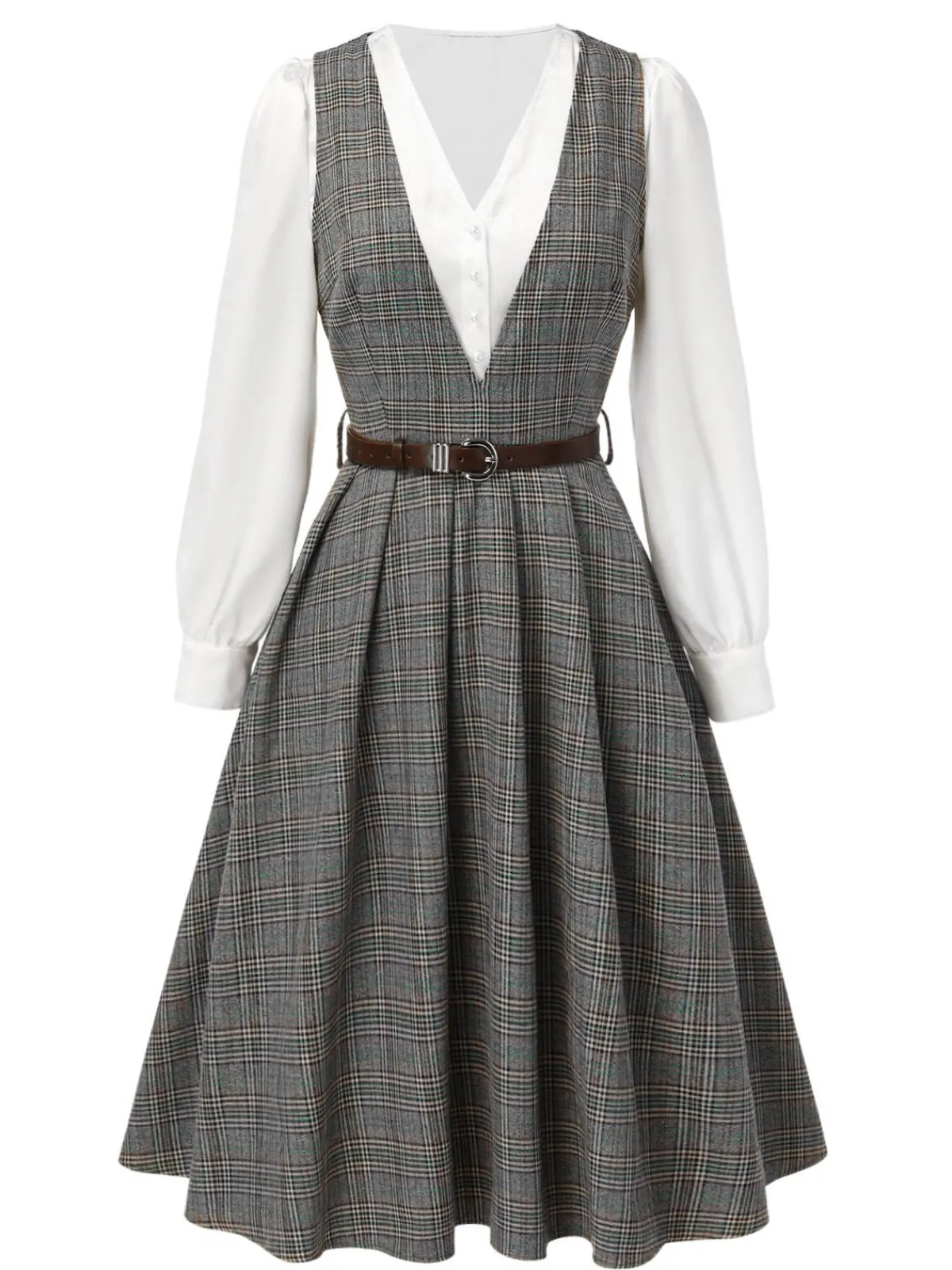 Online Retro Stage 2PCS 1940s V-Neck Plaid Dress & Satin Blouse Grey
