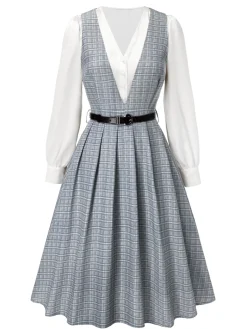 Online Retro Stage 2PCS 1940s V-Neck Plaid Dress & Satin Blouse Grey