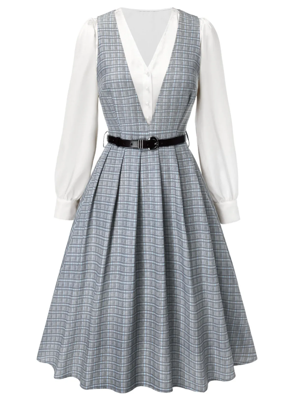 Online Retro Stage 2PCS 1940s V-Neck Plaid Dress & Satin Blouse Grey