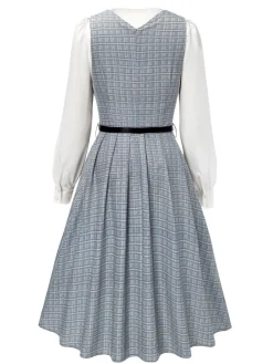 Online Retro Stage 2PCS 1940s V-Neck Plaid Dress & Satin Blouse Grey