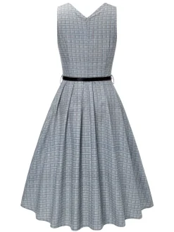 Online Retro Stage 2PCS 1940s V-Neck Plaid Dress & Satin Blouse Grey