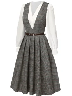 Online Retro Stage 2PCS 1940s V-Neck Plaid Dress & Satin Blouse Grey