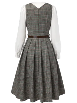Online Retro Stage 2PCS 1940s V-Neck Plaid Dress & Satin Blouse Grey