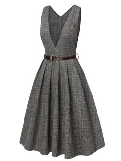 Online Retro Stage 2PCS 1940s V-Neck Plaid Dress & Satin Blouse Grey