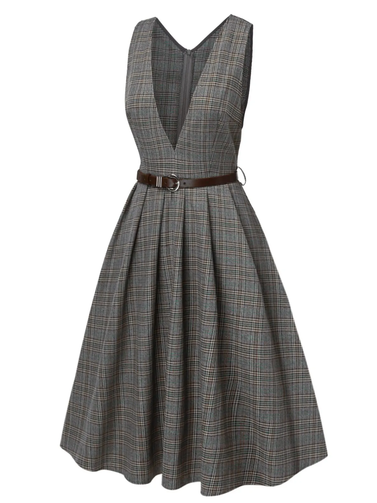 Online Retro Stage 2PCS 1940s V-Neck Plaid Dress & Satin Blouse Grey
