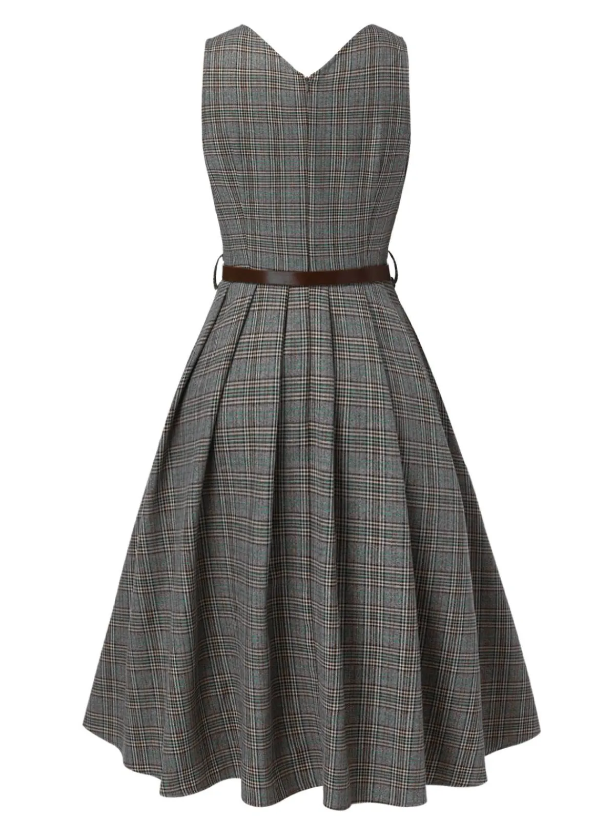 Online Retro Stage 2PCS 1940s V-Neck Plaid Dress & Satin Blouse Grey