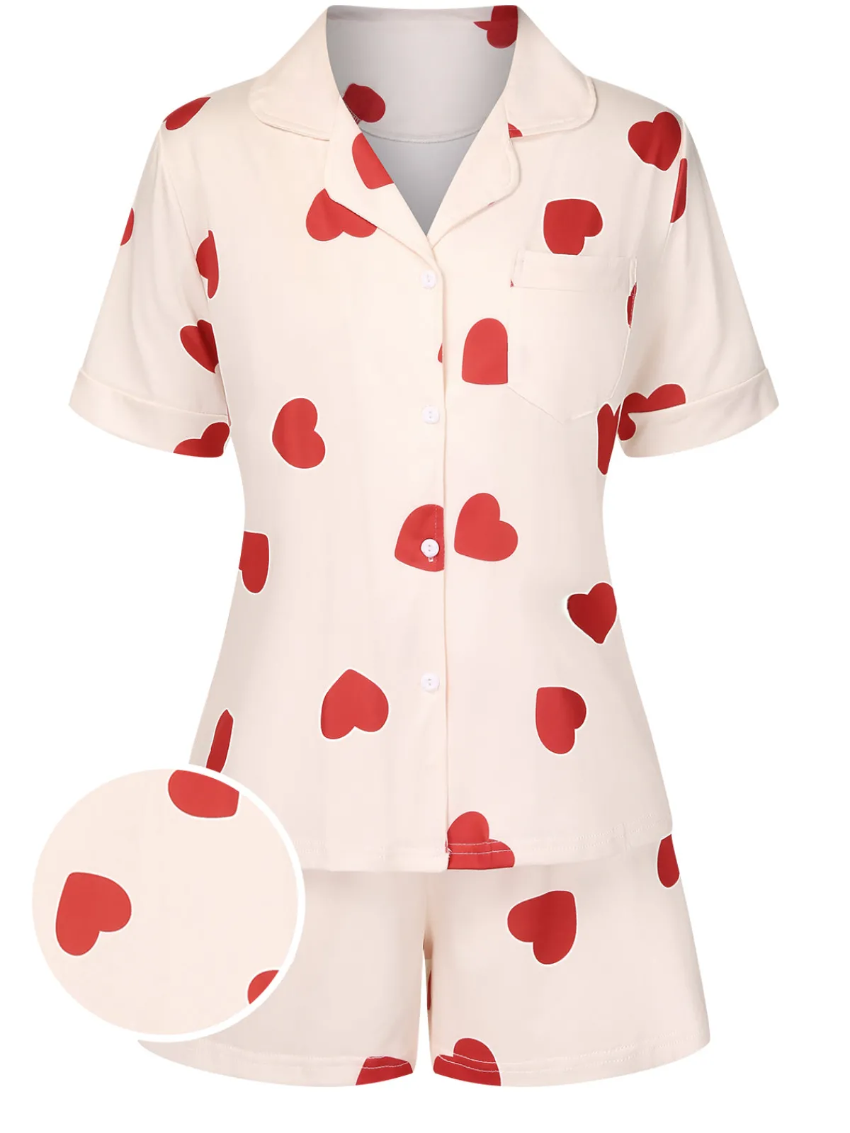 Best Retro Stage 2PCS Heart Short-Sleeved Shirt Shorts Pajamas Beige