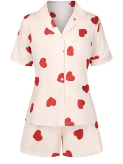 Best Retro Stage 2PCS Heart Short-Sleeved Shirt Shorts Pajamas Beige