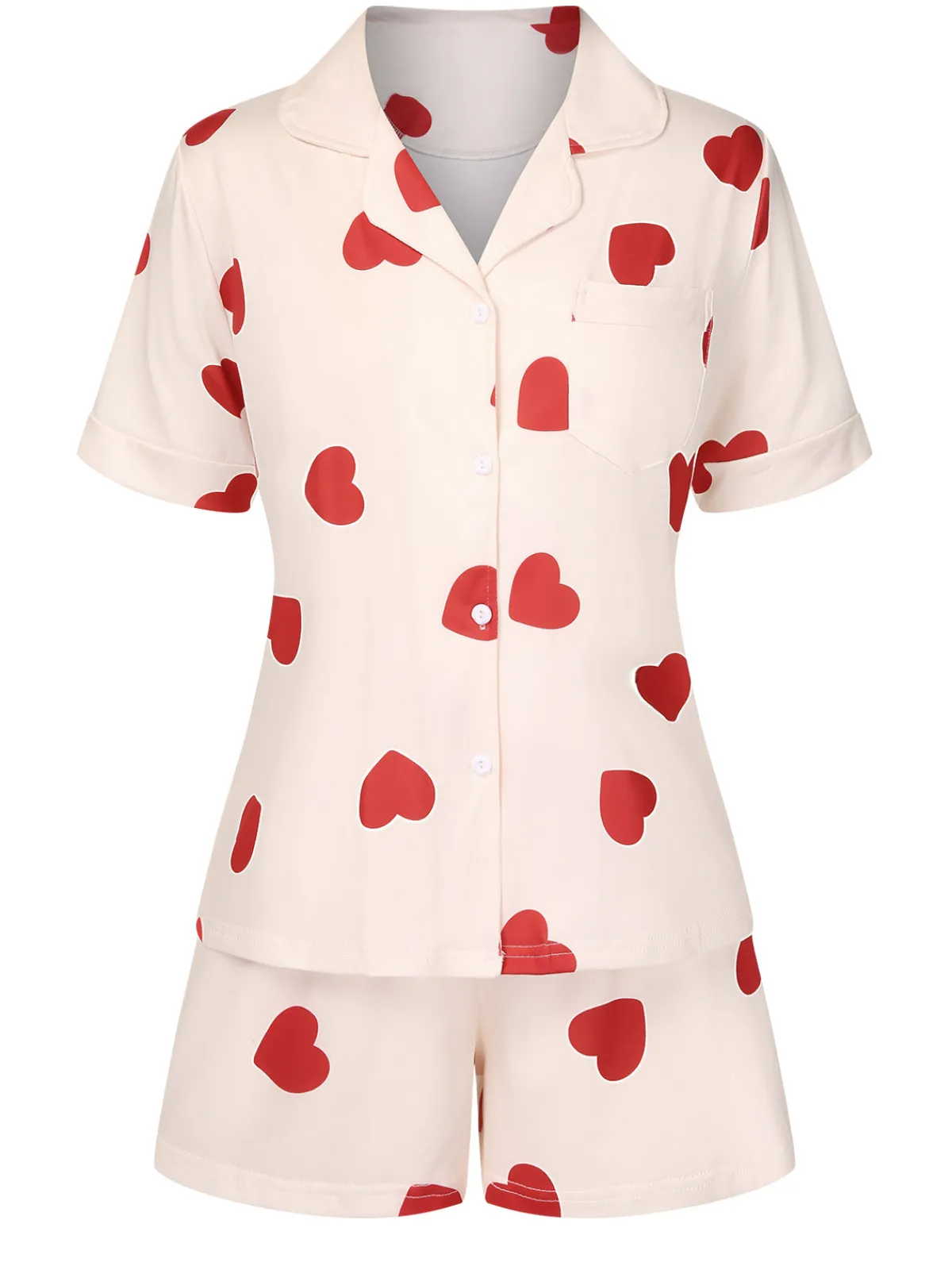 Best Retro Stage 2PCS Heart Short-Sleeved Shirt Shorts Pajamas Beige