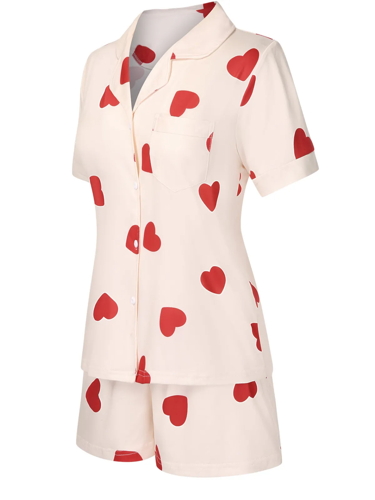 Best Retro Stage 2PCS Heart Short-Sleeved Shirt Shorts Pajamas Beige